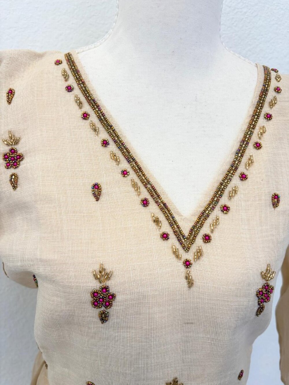 Cream Beaded Embroidered Linen Midi Dress - Picture 3 of 6